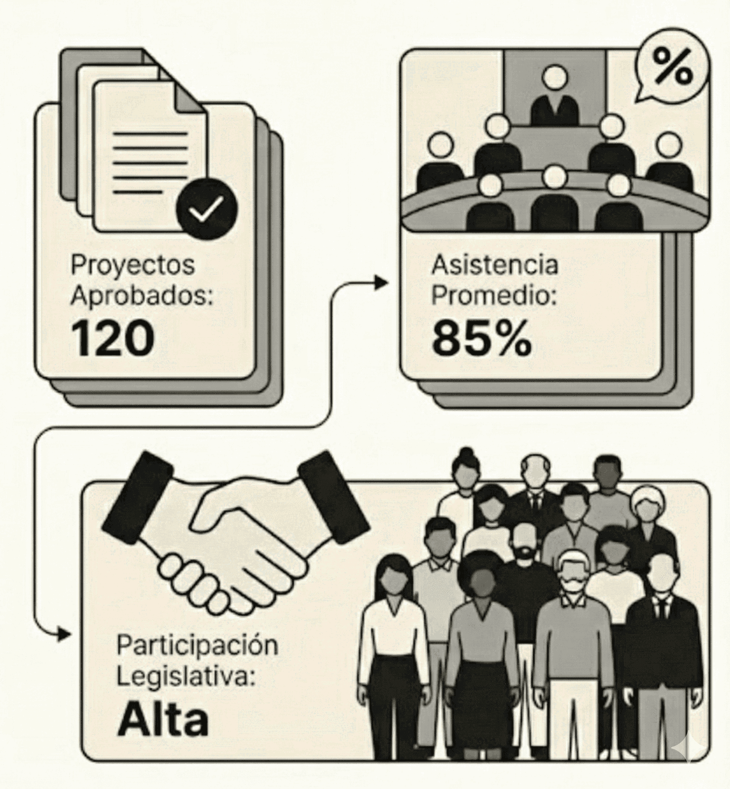 Ejemplo de métricas legislativas: proyectos aprobados, asistencia promedio y participación.